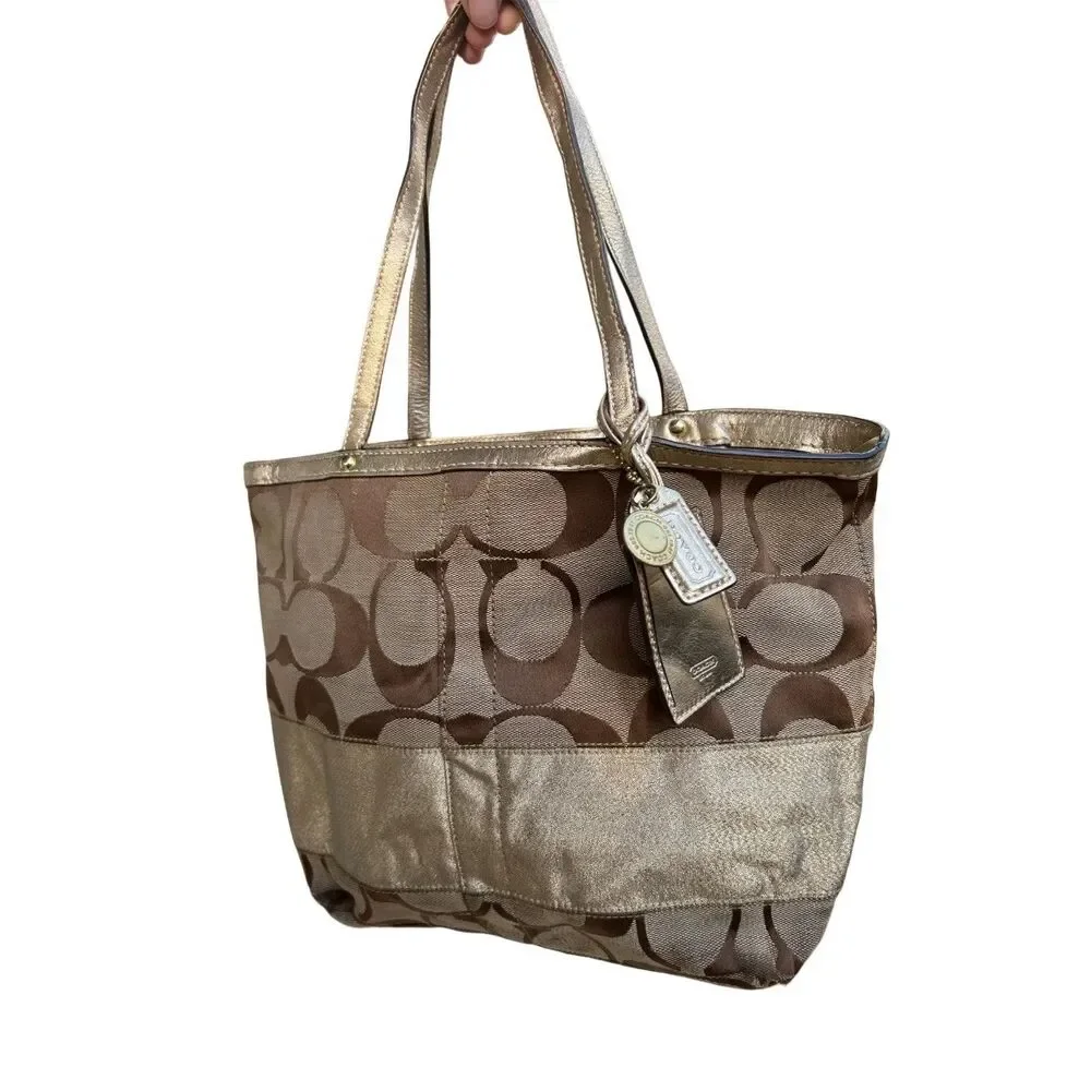 Coach Signature Stripe Tote Khaki Gold Canvas Shoulder bag